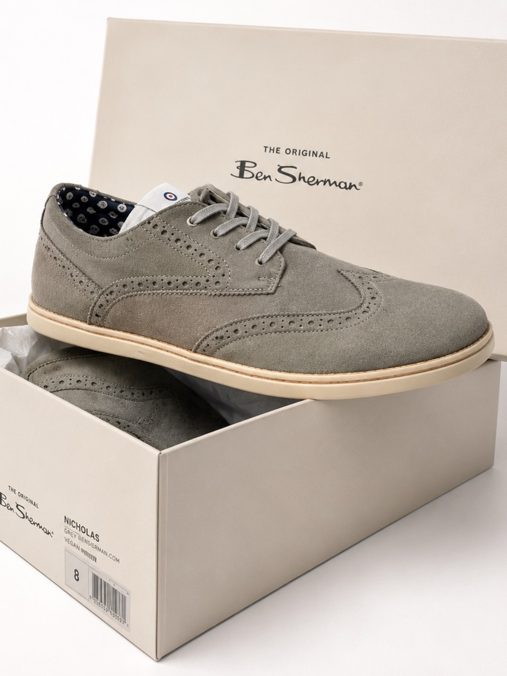 Ben Sherman Grey Nicholas Vegan Wingtip Oxford Shoe US Mens Size 8